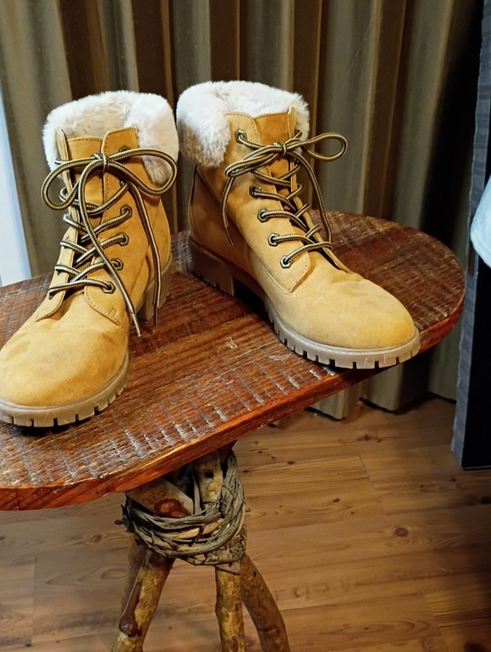 Tan Lace-Up Fur-Trim Suede Boots